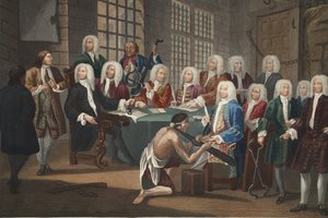 Bambridge sądzony za morderstwo przez komisję Izby Gmin, ilustracja z „Hogarth Restored: The Whole Works of the słynny William Hogarth, ponownie wygrawerowany przez Thomasa Cooka”, wyd. 1812 (rycina ręcznie kolorowana) autorstwa William Hogarth
