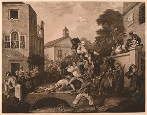 Przewodnictwo posłom, ilustracja IV z Humorów wyborczych, 1757 autorstwa William Hogarth