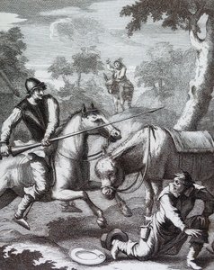 Don Kichot przejmuje bason fryzjerski w zamian za hełm Mambrino” autorstwa William Hogarth