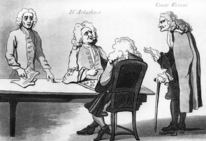 Dr Arbuthnot i hrabia Viviani w kawiarni Buttona autorstwa William Hogarth