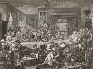 Cztery druki o wyborach / wyborach powszechnych. Arkusz 1: Rozrywka wyborcza. 1755 autorstwa William Hogarth