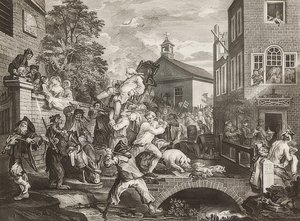 Cztery druki o wyborach / wyborach powszechnych. Arkusz 4: Przewodnictwo posłom / Triumfalna procesja posłów. 1758 autorstwa William Hogarth