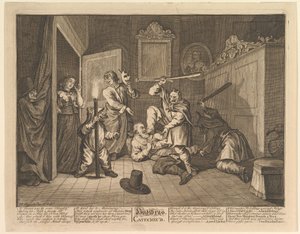 Hudibras katechizował dwanaście dużych ilustracji dla Samuela Butlersa Hudibras, tablica 9, 1725-68. autorstwa William Hogarth