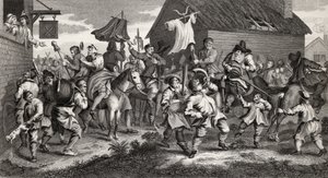 Hudibras Encounters the Skimmington, grawerowane przez T.E. Nicholson, z „Hudibras”, Samuel Butler (1612-80) z „Dzieła Hogartha”, opublikowane 1833 autorstwa William Hogarth