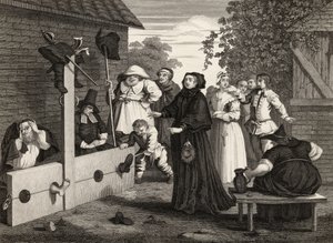 Hudibras i Ralpho in the Stocks, z „Hudibras” Samuela Butlera (1612-80) sztychowanego przez J. Romneya, z „Dzieła Williama Hogartha”, opublikowane 1833 autorstwa William Hogarth