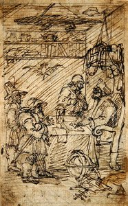 Hudibras odwiedzający Sidrophel (pióro i brązowy tusz na ołówku na papierze) autorstwa William Hogarth