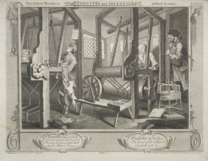 Przemysł i bezczynność: koledzy czeladnicy w swoich krosnach autorstwa William Hogarth