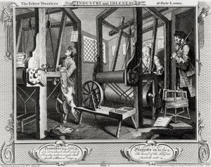 Przemysł i bezczynność, Koledzy „Prentices at Looms”, płyta 1 autorstwa William Hogarth