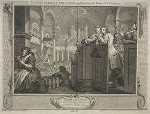 Przemysł i bezczynność: pracowity czeladnik wykonujący obowiązki chrześcijanina, 1747. autorstwa William Hogarth