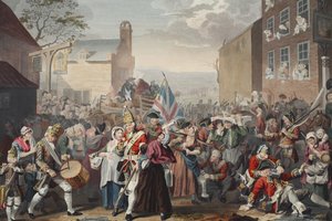 Marsz Straży do Finchley, ilustracja z „Hogarth Restored: The Whole Works of the sławny William Hogarth, ponownie grawerowany przez Thomasa Cooka”, wyd. 1812 (grawerowanie ręcznie kolorowane) autorstwa William Hogarth