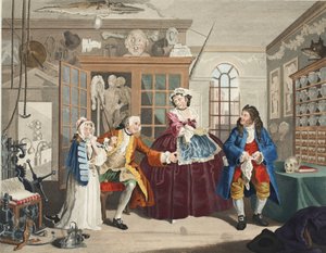 Marriage a la Mode, ilustracja III, Inspekcja, ilustracja z „Hogarth Restored: The Whole Works of the sławnego Williama Hogartha, ponownie grawerowane przez Thomasa Cooka”, wyd. 1812 (grawerowanie ręcznie kolorowane) autorstwa William Hogarth