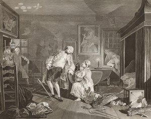 Małżeństwo a la Mode / Małżeństwo po modzie. Plansza 5: Bagnio / Hrabia pada w pojedynku. 1745 autorstwa William Hogarth