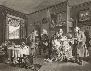Małżeństwo a la Mode / Małżeństwo po modzie. Plansza 6: Śmierć damy / Der Selbstmord der Gräfin. 1745 autorstwa William Hogarth