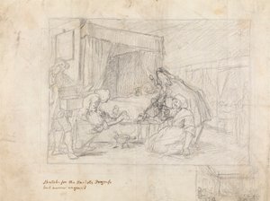 Scena operacyjna w szpitalu ze szkicami pomocniczymi na marginesie w prawym dolnym rogu autorstwa William Hogarth