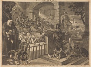Paweł przed Feliksem w ujęciu burleskowym autorstwa William Hogarth