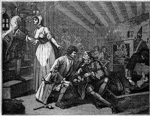 Talerz zaczerpnięty z serii 12 rycin Williama Hogartha (1697-1764), brytyjskiego ilustratora, zatytułowanego „Przemysł i bezczynność”, „Zele i lenistwo”” opowiadającego o karierach dwóch uczniów: Thomasa Idle