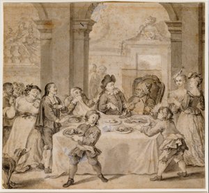Sancho na wspaniałej uczcie z „Don Kichota” Miguela de Cervantesa autorstwa William Hogarth