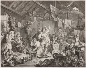 Spacerujące aktorki ubierają się w stodole. 1738 autorstwa William Hogarth