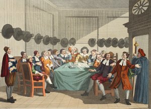 Komitet, z „Hudibras” Samuela Butlera (1612-80), ilustracja z „Hogarth Restored: The Whole Works of the sławnego Williama Hogartha, regrawerowane przez Thomasa Cooka”, wyd. 1812 (ręcznie barwione autorstwa William Hogarth