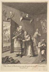 Wikariusz i fryzjer przebierają się, by przekazać Don Kichota Dom Szósty I..., 1756 lub później. autorstwa William Hogarth