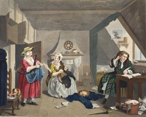 The Distressed Poet, ilustracja z „Hogarth Restored: The Whole Works of the sławnego Williama Hogartha, ponownie grawerowane przez Thomasa Cooka”, wyd. 1812 (grawerowanie ręcznie kolorowane) autorstwa William Hogarth