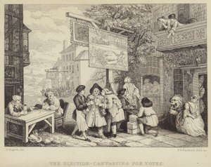 Wybory - Akwizycja o głosy: satyra na wybory parlamentarne 1755, jedna z serii czterech zatytułowanych Humory wyborcze autorstwa William Hogarth