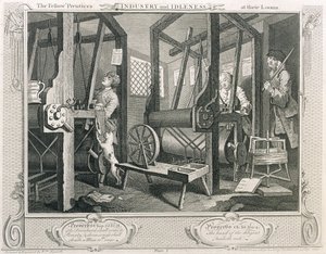 Fellow „Prentices at their Looms”, tablica I „Przemysł i bezczynność”, opublikowana w 1833 r. (rycina) autorstwa William Hogarth