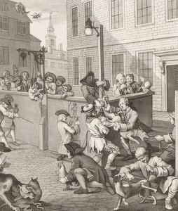 Pierwszy etap okrucieństwa. Od: Cztery etapy okrucieństwa / Cztery etapy okrucieństwa. 1751 autorstwa William Hogarth