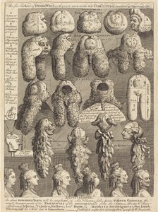 Pięć rzędów perriwigów noszonych podczas późnej koronacji, zmierzonych architektonicznie autorstwa William Hogarth