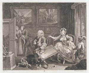 Nierządnica znajduje obrońcę, zaprojektowana 1732, druk 1744 (akwaforta i grawerowanie) autorstwa William Hogarth