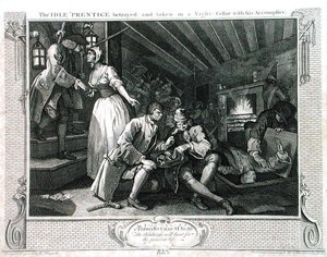 Bezczynny „Uczeń zdradzony przez prostytutkę”, tablica IX „Przemysł i bezczynność”, wydana w 1833 r. (rycina) autorstwa William Hogarth