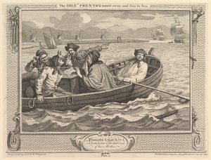 Idle Prentice odwrócił się i wysłany na morze: przemysł i bezczynność, płyta 5, 30 września 1747. autorstwa William Hogarth