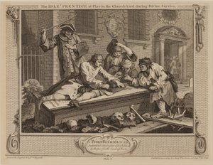 Bezczynny „uczeń w zabawie na dziedzińcu kościelnym podczas służby Bożej” autorstwa William Hogarth