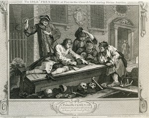 Bezczynność „Uczeń w zabawie na dziedzińcu kościelnym podczas nabożeństwa, tablica III „Przemysł i bezczynność”, opublikowana w 1833 r. autorstwa William Hogarth