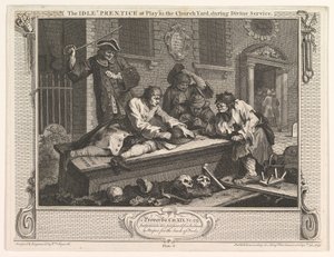 Próżny uczeń na zabawie w przemyśle i bezczynności na placu kościelnym, tablica 3, 30 września 1747 r. autorstwa William Hogarth