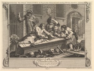 Próżny uczeń podczas zabawy na cmentarzu przykościelnym: przemysł i bezczynność, płyta 3, 30 września 1747 r. autorstwa William Hogarth