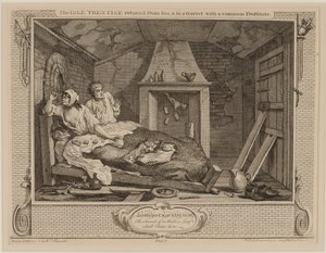Bezczynny „powrót ucznia” z morza i na poddaszu ze zwykłą prostytutką, z serii „Przemysł i bezczynność”, październik 1747 (akwaforta i grawerowanie) autorstwa William Hogarth