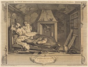 Bezczynny „powrót ucznia” z morza i na poddaszu ze zwykłą prostytutką autorstwa William Hogarth