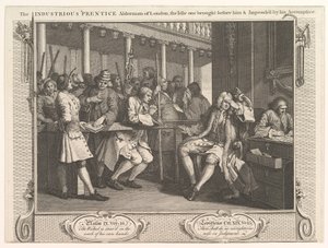 The Industious Prentice Alderman of London, The Idle One Brought Before Hi…, 30 września 1747. autorstwa William Hogarth