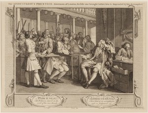 Pracowity „Prentice Alderman of London: bezczynny przyniesiony przed nim i zakwestionowany przez jego wspólnika autorstwa William Hogarth