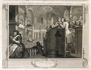 Pracowity „Prentice wykonujący obowiązki chrześcijanina”, tablica II „Przemysł i bezczynność”, wydana w 1833 r. autorstwa William Hogarth