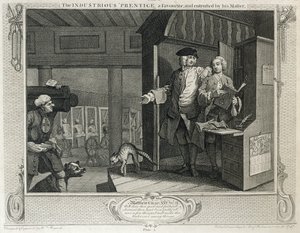 Pracowity „Uczeń ulubiony i powierzony przez swego mistrza”, tablica IV „Przemysł i bezczynność”, wydana w 1833 r. autorstwa William Hogarth