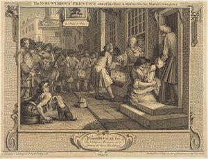 Pilny czeladnik ukończył naukę i poślubił córkę swego mistrza autorstwa William Hogarth