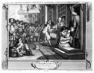 Pracowity „Uczeń ze swoich czasów i żonaty z córką swego pana, tablica VI „Przemysł i bezczynność”, 1747 autorstwa William Hogarth