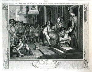 Pracowity „Uczeń poza swoim czasem i poślubiony córce swego pana”, tablica VI „Przemysł i bezczynność”, opublikowana w 1833 r. (rycina) autorstwa William Hogarth