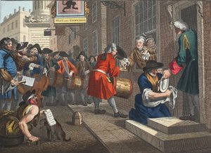 Pracowity „Prentice ze swoich czasów i żonaty z córką swego pana”, tablica VI „Przemysł i bezczynność”, ilustracja z „Hogarth Restored: The Whole Works of the sławny William Hoga autorstwa William Hogarth