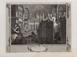 Pracowity „prezydent wykonujący obowiązki chrześcijanina. Przemysł serii i bezczynność, 1747. autorstwa William Hogarth