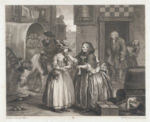 Niewinna dziewczyna zostaje nierządnicą, projekt 1732, druk 1744 (akwaforta i grawerowanie) autorstwa William Hogarth