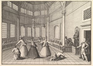Wnętrze meczetu, derwisze tańczący Aubry de La Mottrayes podróżują przez..., 1723-24. autorstwa William Hogarth