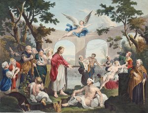 Basen Bethesda, ilustracja z „Hogarth Restored: The Whole Works of the sławny William Hogarth, ponownie grawerowany przez Thomasa Cooka”, wyd. 1812 (grawerowanie ręcznie kolorowane) autorstwa William Hogarth